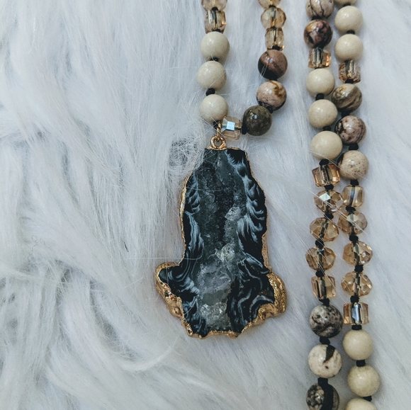 Beaded Raw Solar Quartz Crystal Pendant Necklace - Picture 11 of 12